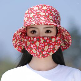 Berets Women Outdoor Colored Flower Pattern Anti-Uv Sunscreen Hat Dust Mask Protect Neck Girl Men Fisherman Tea Picking Cap