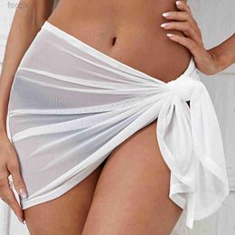 Women's Swimwear Sexy Women Solid Pareo Beach Bikini Cover Up Wrap Skirt Sarong Beachwear Mesh Drawstring Cover Up Skirt d240424