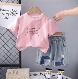 Clothing Sets Summer Baby Girls Clothes Set 2024 Designer Kids Printed Lettered Crewneck T-shirt Tops Denim Shorts Two Piece Children
