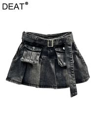 DEAT Womens Denim Skirt Belt With 3d Pockets Solid Colour Pleated Vintage Washed Short A-line Mini Skirt 2024 Summer Fashion 240415