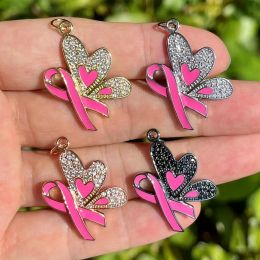 charms 5Pcs/Lot Mini Zirconia Paved Pink Ribbon Butterfly Charms for Breast Cancer Awareness Pendant for Jewellery Making