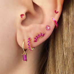 Earrings 2022 New Trend Copper CZ Zircon Small Hoop Earrings for Women Rose Red Minimal Cuffs Ear Stud Earrings Wedding Piercing Jewellery