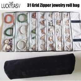 Display 15/40/31/56 Grid Portable Ring Display Pouch Earrings Cases Jewelry Roll Bag Velvet Pendant Organizer Jewelry Storage Zipper Bag