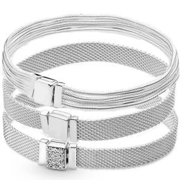 Strands 100% 925 Sterling Silver Reflexions Woven Mesh Sparkling Clasp Multi Snake Chain Bracelet Fit Fashion Bangle Bead Charm Jewellery