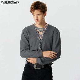 Sweaters INCERUN Men Pullovers Knitted V Neck Long Sleeve Streetwear Lace Up Autumn Casual Sweaters 2023 Solid Colour Men Clothing S5XL