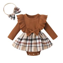 One-Pieces Infant Girl Rompers Dress Plaid Rib Knit Ruffles Long Sleeve Skirt Hem Jumpsuits Newborn Clothes Baby Bodysuits with Headband