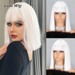 Wigs Short Bob White Wig with Bangs Silver White Short Wigs for Women Straight Bob White Cospaly Hair Wig for Daily Party Halloween