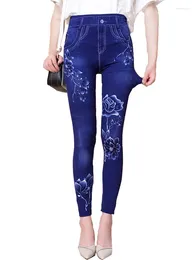 Women's Leggings CHSDCSI Blue Imitation Denim Pattern Printed High Elastic Pencil Pants Seamless Breathable Sports Casual