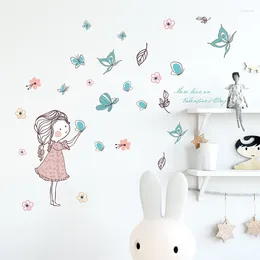 Wall Stickers Cartoon Cute Girl Flying Butterfly Flowers For Kids Room Decoration Baby Nursery Decals PVC DIY