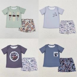 Wholesale Baby Boy Summer Set Children Short Sleeves Dog Duck Deer Tee T-shirt Toddler Infant Pocket Camo Shorts Kids Outfit 240517