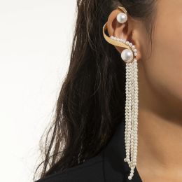 Earrings DIEZI One Piece Korean Long Tassel Earrings Girls No ear Piercing Full Pearl Big Clip Earrings For Women Gift Jewelry Ear Cuff