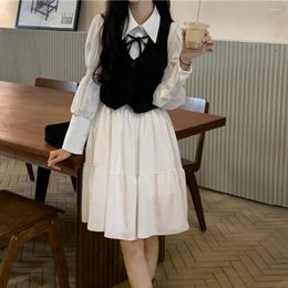 Casual Dresses 2Pcs/Set Lapel Long Sleeve Tight Ruffle Decor Buttons Half Placket Autumn Dress Women Shirt With Waistcoat