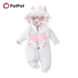 One-Pieces PatPat Baby Girl Jumpsuits Fox Embroidered 3D Ears Hooded Longsleeve Thermal Fuzzy Print Jumpsuit for Baby Girls Costumes