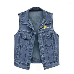 Women's Vests Hooded Denim Vest Spring Autumn Clothes Jeans Jacket Female Pocket Printed Casual Waistcoat Top Short Outerwear