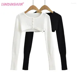 Women's Knits LUNDUNSHIJIA Women Sexy Pure Desire Long Sleeve Super Short Spicy Girl Cardigans With Single Breasted Knitting O-neck Crop