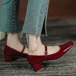 Womens Red Black Mary Janes Shoes High Quality Leather Low Heel Dress Shoes Square Toe Shallow Buckle Strap Womens Shoes 240415