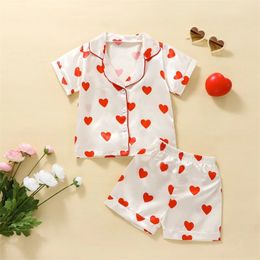 EWODOS Kids Girls Summer Pyjama Sets Heart Print Turn-Down Collar Short Sleeve Tops Elastic Waist Shorts 2Pcs Suit Outfits Set 240410