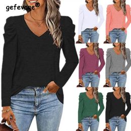 Microphones Multiple Colors Comforttable Basic Style Pleat Spliced Vneck Long Sleeve Tshirts Pure Cotton Puff Sleeve Loose Leisure Daily