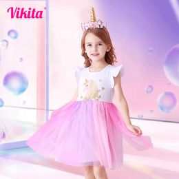 Sweatshirts Vikita Unicorn Dress for Girls Children Cartoon Vestidos Kids Tutu Dresses Toddlers Summer Dress Sleeveless Princess Dresses