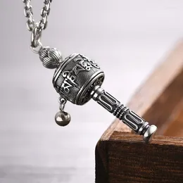 Pendants Vintage Buddha Scriptures Rotatable Cylinder Pendant Men Jewelry Retro 925 Silver Chain Necklace Male Six-character Sutra Amulet