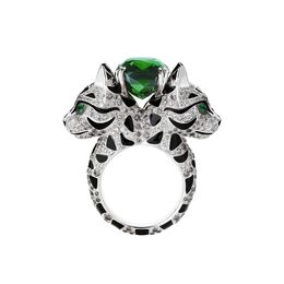 925 Silver Plated Gold Ring High Carbon Diamond Green Tourmaline/Baojia Animal Pearl Series/Double headed Leopard Cat Cool 240420
