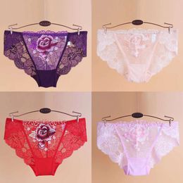 Sexy KNOWDREAM Lace Panties Female Embroidered Peony Large Size Pure Cotton Crotch Breathable Triangle Pants Ladies Underwear 210730