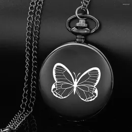 Pocket Watches The Butterfly Design Fashion Carving English Alphabet Face Watch A Belt Chain Black Quartz Birthday Perfect Gift