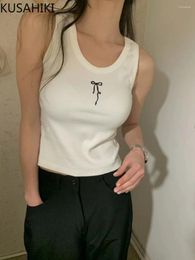 Women's Tanks KUSAHIKI Korean Spring/Summer Embroidered Bow Elastic Slim Fit Sleeveless V-neck Strap Vest 2024 Spicy Girl Tank Top