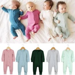 One-Pieces New Baby Romper Bamboo Fiber Baby Boy Girl Clothes Newborn Zipper Footies Jumpsuit Solid LongSleeve Baby Clothing 024M Pajamas