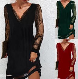 Casual Dresses V-neck Solid Color Long Sleeve Mid Dress