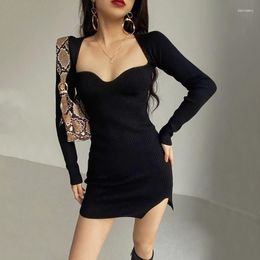 Casual Dresses Court Style Square Collar Slimming Side Slit Knitted Dress