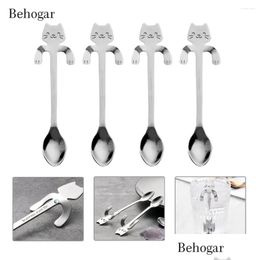 Spoons Behogar 4Pcs Stainless Steel Cat Tea Coffee Ice Cream Spoon Teaspoon Stirring Tableware Supplies For Home Party Drop Delivery Dhr7D