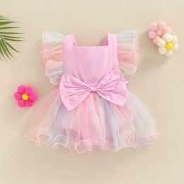 One-Pieces 024M Girls Romper Dress Baby Summer Clothing Colorful Mesh Fly Sleeve Square Neck Romper Infant Princess Tulle Tutu Dress