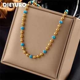 Necklaces DIEYURO 316L Stainless Steel Gold Color Blue Beads Necklace For Women New Vintage Girls Choker Chain Fashion Party Jewelry Gift