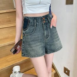 Womens Retro Blue A-line Wide Leg Denim Shorts American Street Young Girls Capris Summer Female High Waist Mini Jeans 240418