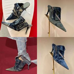 Vintage Washed Denim Slippers Side Zip-pocket Slides Sandals Heels Slip on Stiletto Pointed Toe Shoes Women's Designer 9cm Evening Shoe Size 35-41