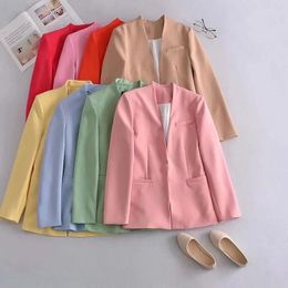 Women's Suits 2024 Spring Minimalist Solid Colour Women Collarless Suit Jacket Fashion Female Office Blazer