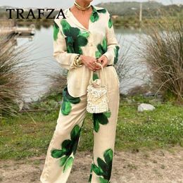 TRAFZA Spring Summer Casual Women Print Suits Fashion Streetwear Turndown Collar Loose ShirtsHigh Waist Wide leg pants 240418