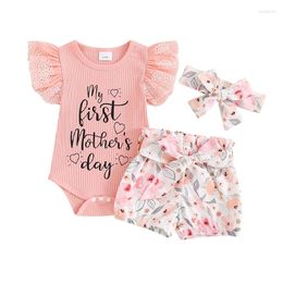 Clothing Sets Baby Girl Summer Outfits Letter Print Ribbed Lace Sleeve Rompers Floral Bloomers Shorts Headband 3Pcs Clothes Set