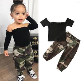 Clothing Sets BeQeuewll 1-6Y Children Kids Girls Clothes Set Toddler Outfits Ruffle Off Shoulder Crop Tops Camo Pants Summer D08