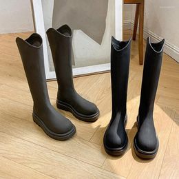 Boots Cowboy Knight Back Zip Platform Round Toe V Shape Ladies Knee High Stretch Daily Wear Evening Party Fashion Winter Shoes