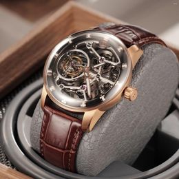 Wristwatches OBLVLO Men Mechanical Watches Genuine Leather Rose Gold Case Skeleton Dial Tourbillon Transparent Manual-Wind IM-SK-TB