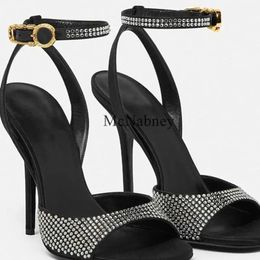Black Ankle Strap Rhinestone Peep Toe Women's Sandals Summer 2024 Sexy Style Stiletto High Heels Metal Buckle Strap Design 240415