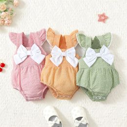 One-Pieces 018 Months Newborn Baby Girl Romper Chequered Bow Fly Sleeve Lovely Jumpsuit Summer Daily Clothing 3 Colours Available