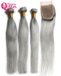 Grey Straight Hair Ombre Brazilian Virgin Human Hair Bundles Weave Extension 3 Pcs With 4x4 Lace Closure Grey Colour Bleached Knot1396366