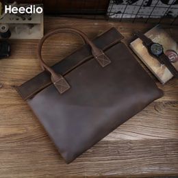 Retro Mens Briefcase Genuine Leather Handbag Top Layer Cowhide Business Tablet Bag Slim Clutch For 16-Inch Laptop 240418