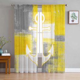 Curtain Retro Abstract Paint Boat Anchor Yellow Voile Sheer Curtains Living Room Window Tulle Kitchen Bedroom Drapes Home Decor