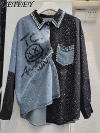 Women's Blouses Ladies Beaded Rhinestone Stitching Denim Black Shirt 2024 Spring Fashion Colour Block Loose Mid-Length Tops