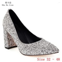 Dress Shoes High Heels Women Shiny Sequins Gold Silver White Red Pumps Stiletto Woman Party Wedding Small Plus Size 32 - 48