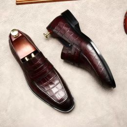 Crocodile Pattern Mens Dress Shoes Oxford For Men Square Head Slide On Formal Wedding Genuine Leather Loafers Black Summer Shoe
